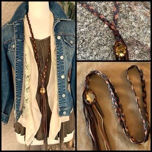 Braided Leather Necklace with Amber Pendant Western Coastal Cowgirl
